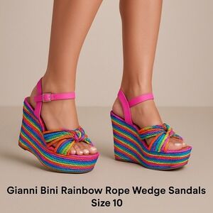 Gianni Bini Rainbow Rope Wedge Sandals - Pink Straps